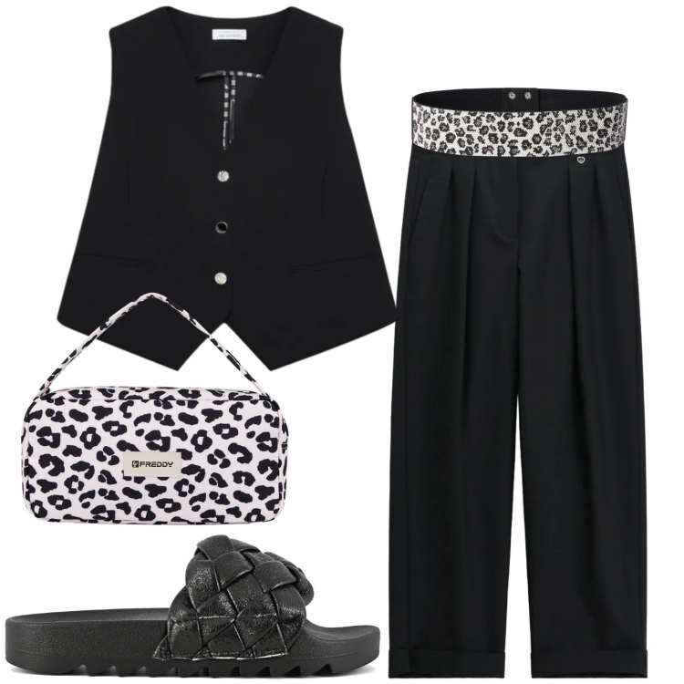 Outfit donna - Casual. Stile Casual per Tutti i giorni. Abbinamento con cinture, reggiseni, borse a spalla, pantaloni, gilet, ciabatte.