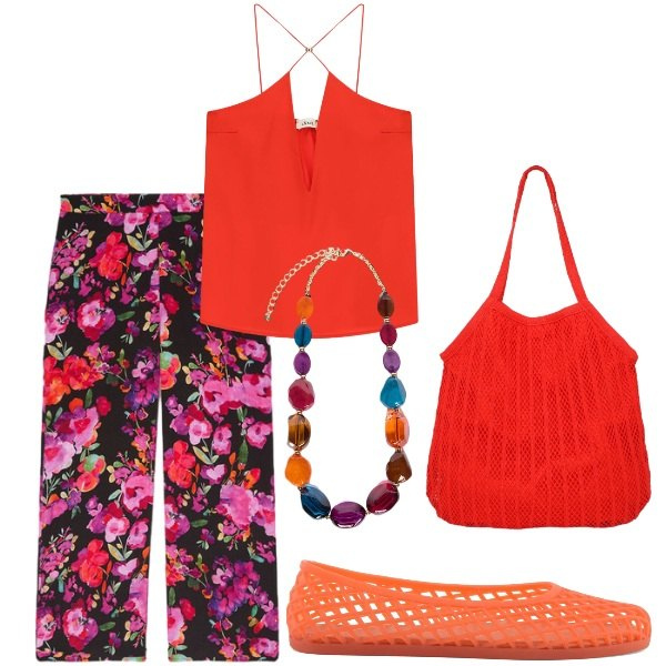 Outfit donna - Estate. Stile Casual per Tutti i giorni. Abbinamento con top, shopping bag, collane, pantaloni, ballerine.