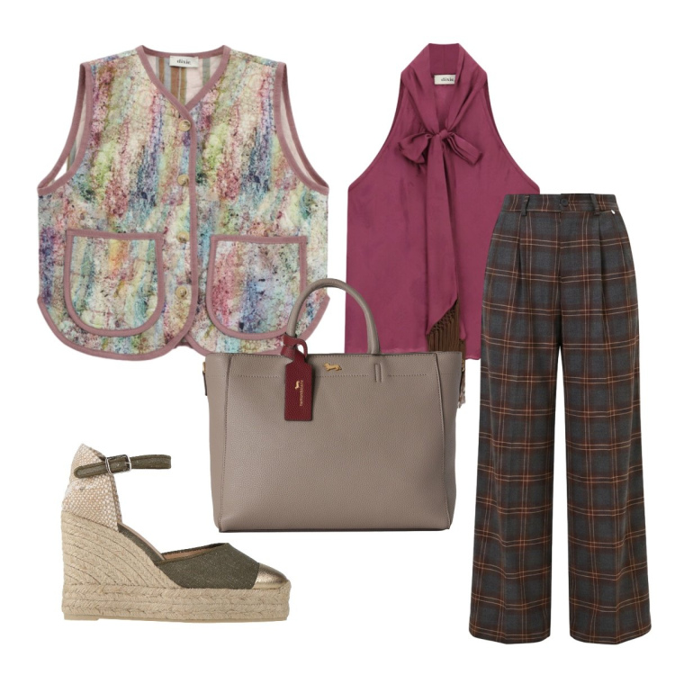 Outfit donna - Oggi mi vesto cosi. Stile Glamour per Serata fuori. Abbinamento con espadrillas, borse a mano, gilet, top, pantaloni a palazzo.