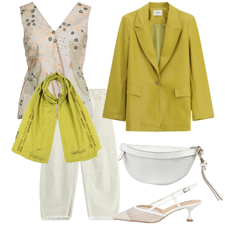 Outfit donna - Total look #2452071. Stile Trendy per Serata fuori. Abbinamento con top, sciarpe, décolleté, marsupi, blazer, jeans dritti.