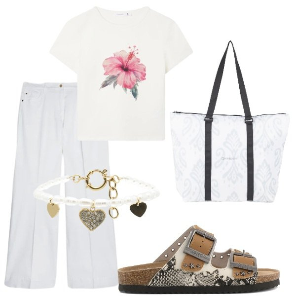 Outfit donna - E siamo in Agosto....... Stile Casual per Tutti i giorni. Abbinamento con t-shirt, pantaloni, braccialetti, shopping bag, sandali.