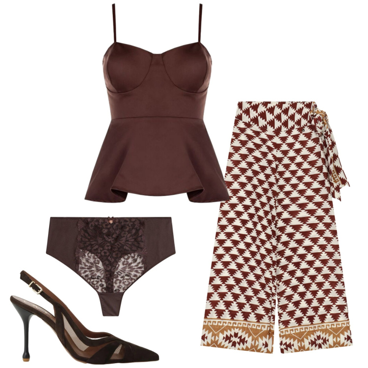 Outfit donna - Total look #2452073. Stile Glamour per Serata fuori. Abbinamento con perizomi, pantaloni a palazzo, décolleté, canottiere.