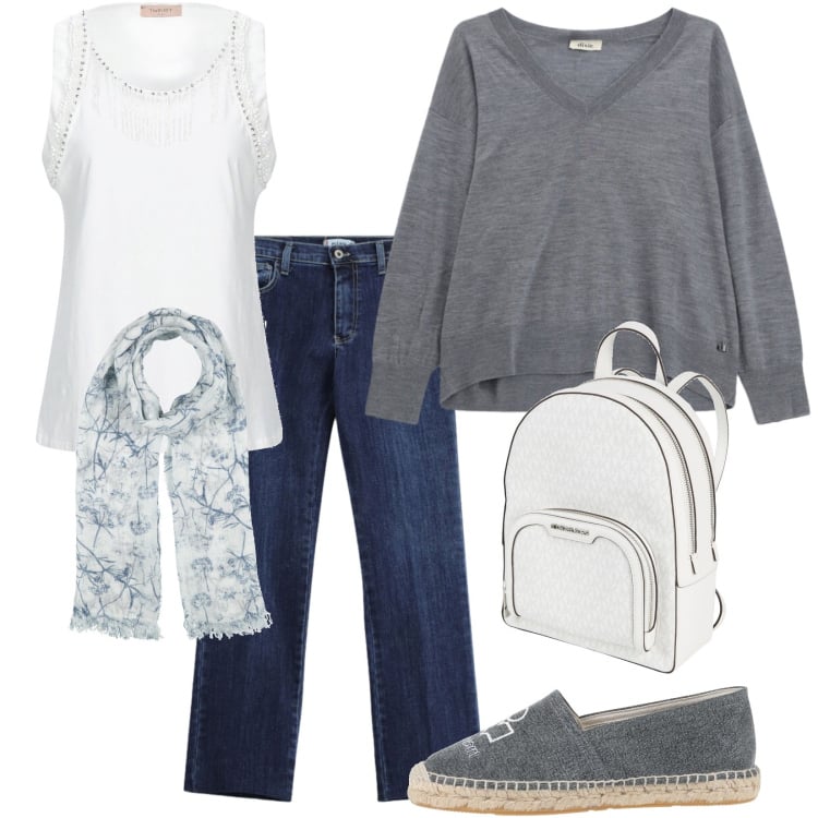 Outfit donna - Casual di sera. Stile Casual per Tutti i giorni. Abbinamento con top, zaini, sciarpe, espadrillas, maglieria, jeans slim fit.