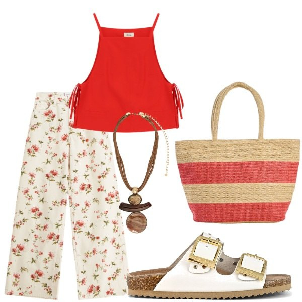 Outfit donna - Estate. Stile Casual per Tutti i giorni. Abbinamento con shopping bag, top, pantaloni a palazzo, ciondoli, sandali.