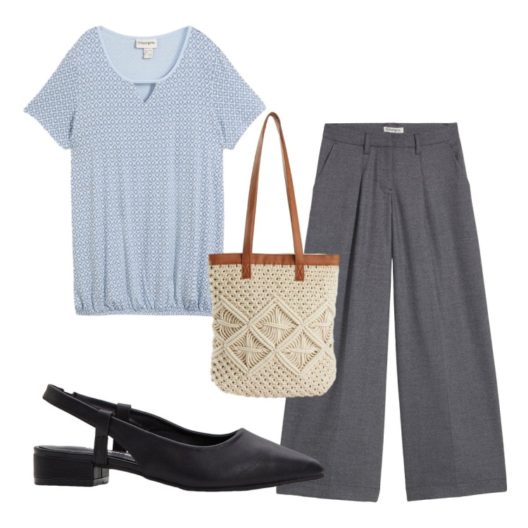Outfit donna - Agosto. Stile Preppy per Ufficio. Abbinamento con décolleté, pantaloni, maglieria, shopping bag.