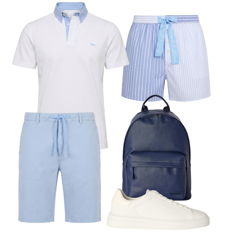 Outfit uomo - Total look #2452079. Stile Trendy per Mare. Abbinamento con bermuda, polo, borse sportive, sneakers, costumi.