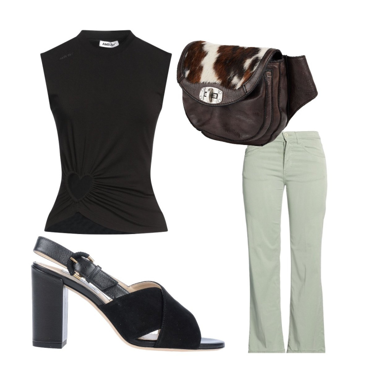 Outfit donna - Top estivo. Stile Urban per Serata fuori. Abbinamento con pantaloni, marsupi, top, sandali in pelle.