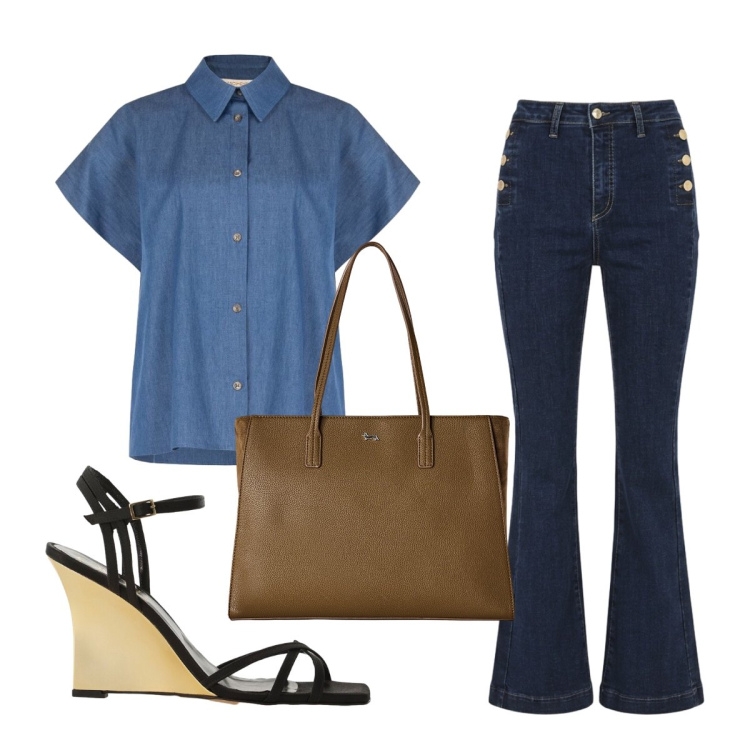 Outfit donna - Total denim. Stile Casual chic per Tutti i giorni. Abbinamento con shopping bag, sandali col tacco, jeans a zampa, camicie a manica corta.