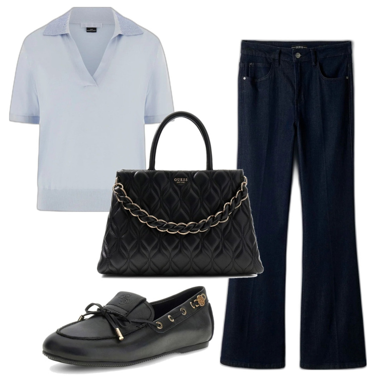 Outfit mujer - Bon ton look. Estilo Bon Ton para Todos los días. Combinación con bolsos de hombro, polo, mocasines, vaqueros pata de elefante.