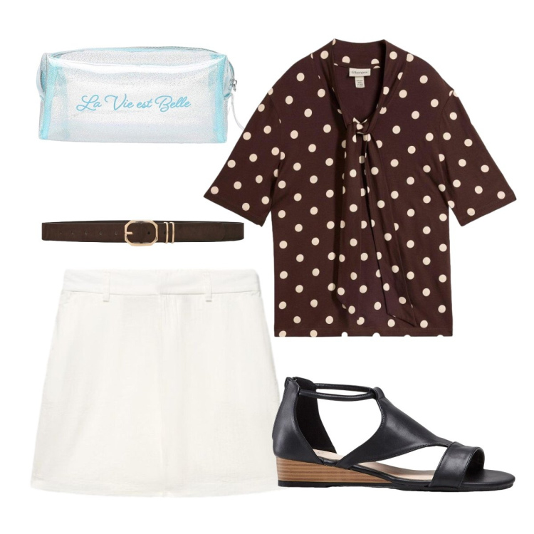 Outfit donna - elegante e raffinata. Stile Casual chic per Serata fuori. Abbinamento con sandali, maglieria, shorts, cinture, valigie.