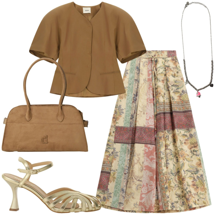 Outfit donna - Sera. Stile Casual chic per Tutti i giorni. Abbinamento con pantaloni a palazzo, borse a spalla, sandali col tacco, top, ciondoli.