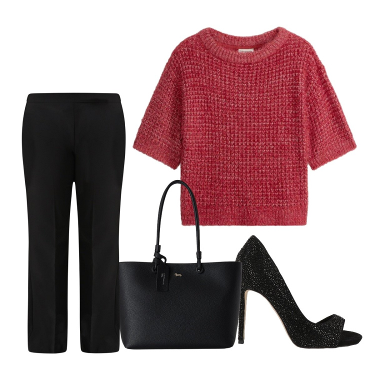 Outfit donna - Pantalone fashion. Stile Casual chic per Serata fuori. Abbinamento con décolleté, maglieria, shopping bag, pantaloni.