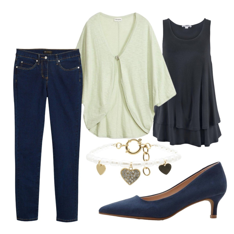 Outfit donna - Giocosa e sexy. Stile Sexy per Tutti i giorni. Abbinamento con canottiere, jeans slim fit, cardigans, décolleté, braccialetti.