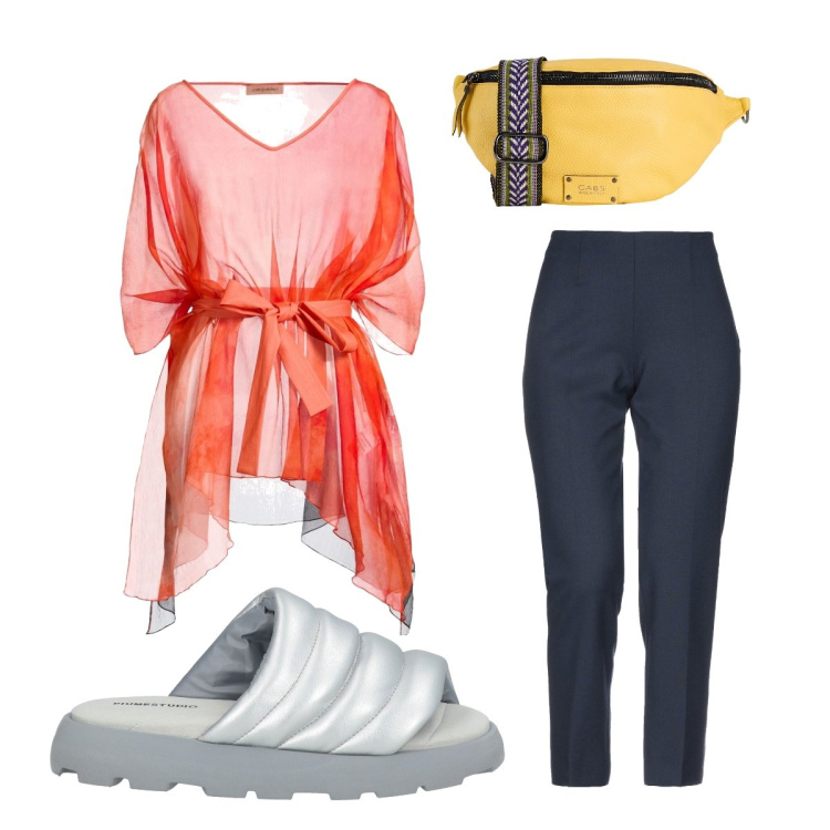 Outfit donna - Estiva curvy. Stile Casual per Tutti i giorni. Abbinamento con top, pantaloni, marsupi, sandali col tacco.