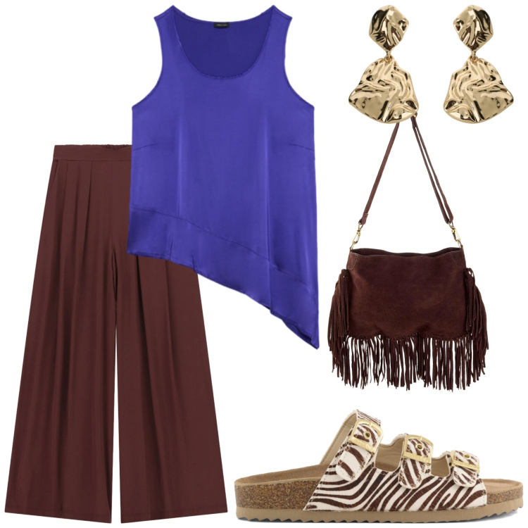 Outfit donna - Sabbia bollente. Stile Casual chic per Tutti i giorni. Abbinamento con borse a tracolla, pantaloni a palazzo, orecchini, canottiere, sandali in pelle.