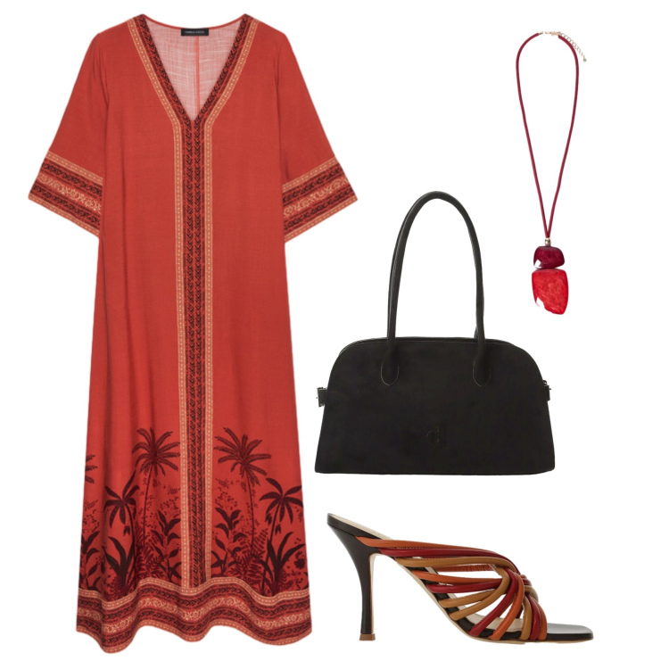 Outfit donna - Aperitivo etnico. Stile Etnico per Tutti i giorni. Abbinamento con borse a spalla, sandali col tacco, caftani, ciondoli.