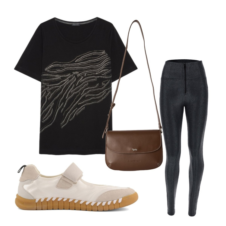 Outfit donna - Ufficio agosto. Stile Minimal per Ufficio. Abbinamento con borse a tracolla, pantaloni skinny, t-shirt, ballerine.