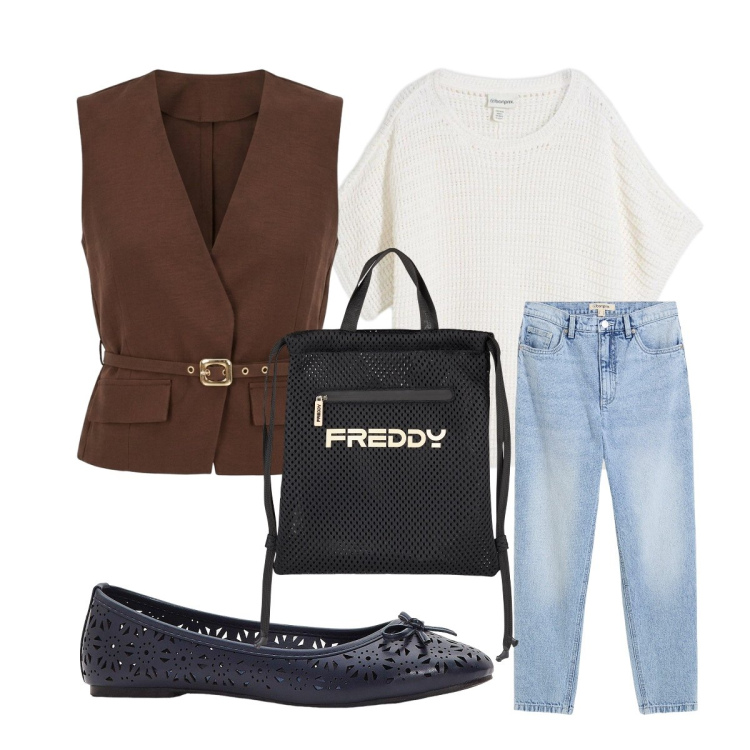 Outfit donna - Ufficio agosto. Stile Basic per Ufficio. Abbinamento con maglieria, ballerine, jeans mom, zaini, gilet.