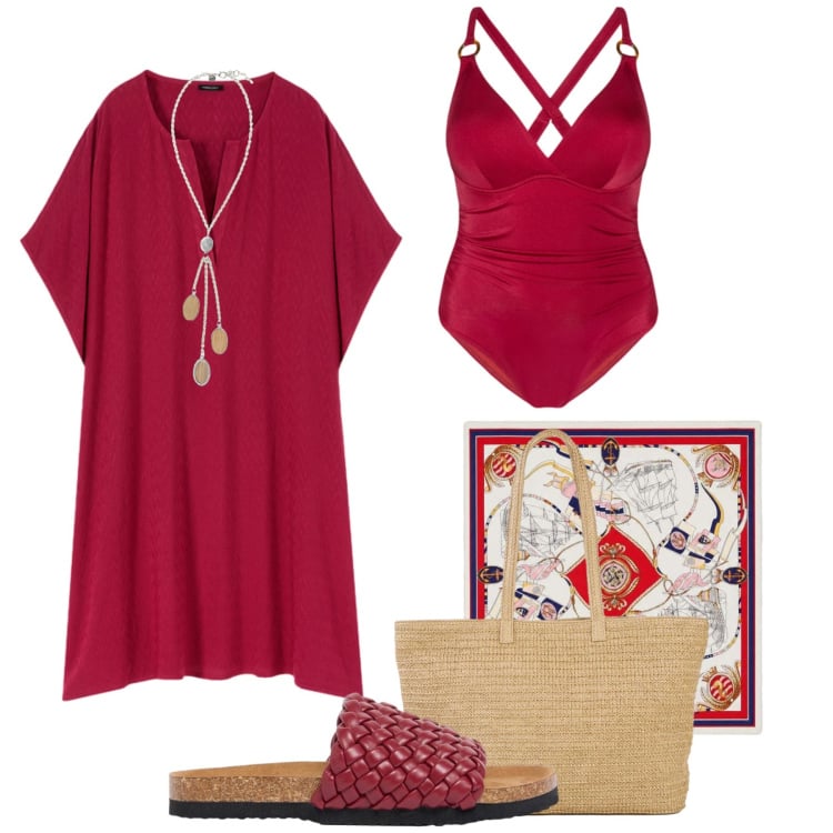 Outfit donna - Caftano al mare. Stile Trendy per Mare. Abbinamento con shopping bag, ciabatte, collane, foulard, costumi interi, caftani.