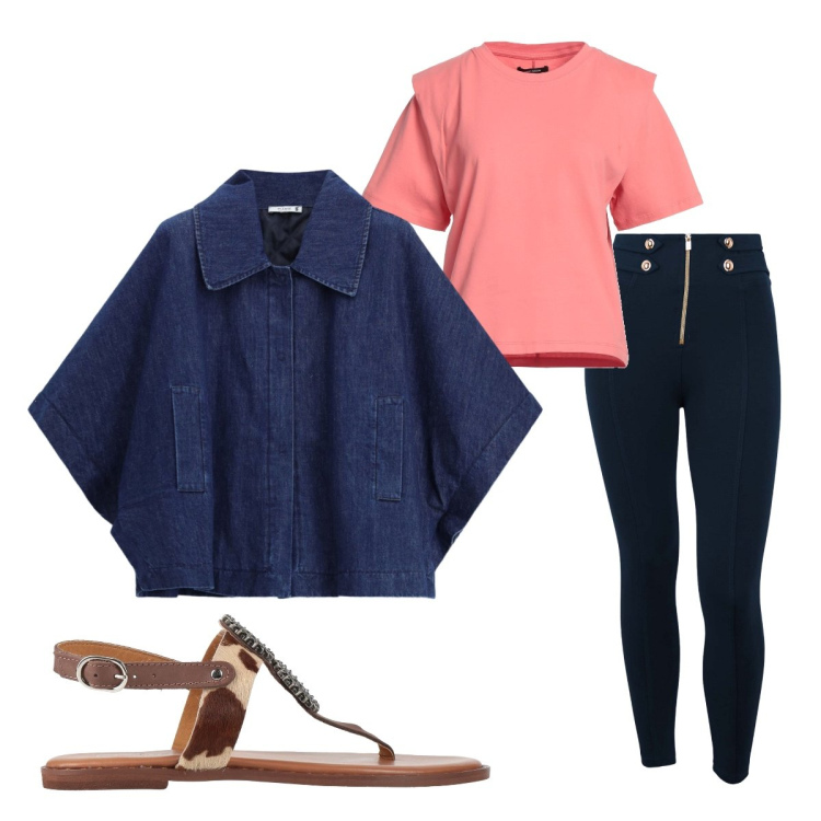 Outfit donna - Ufficio agosto. Stile Preppy per Ufficio. Abbinamento con infradito, t-shirt, blazer, pantaloni skinny.