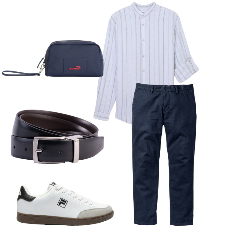 Outfit uomo - In vacanza. per Mare. Abbinamento con pantaloni chino, sneakers, borse sportive, camicie, cinture.