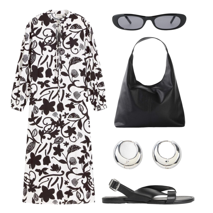 Outfit donna - Caftano H24 in vacanza. Stile Casual chic per Tutti i giorni. Abbinamento con sandali, shopping bag, orecchini, caftani, occhiali da sole.
