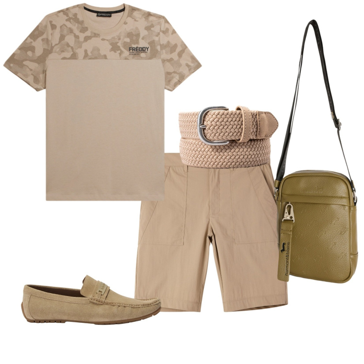 Outfit uomo - Toni della terra. per Mare. Abbinamento con borse sportive, scarpe stringate, pantaloni corti, cinture, t-shirt.