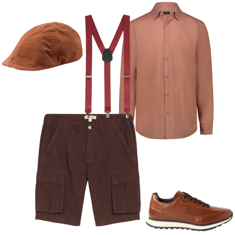 Outfit uomo - In montagna. per Tutti i giorni. Abbinamento con bermuda, sneakers, bretelle, cappelli con visiera, camicie.