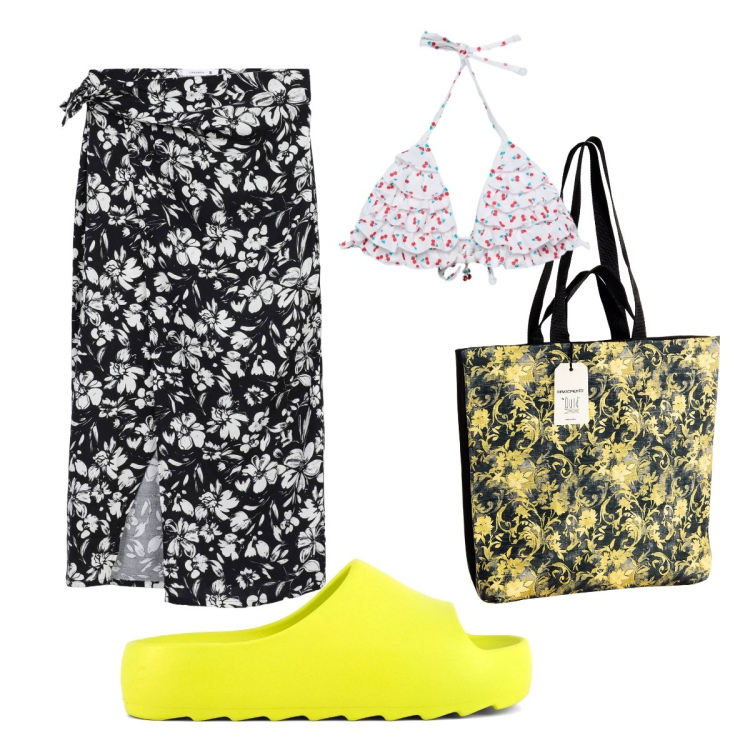 Outfit donna - Mare e fiori. Stile Trendy per Mare. Abbinamento con vestiti da spiaggia, bikini, borse tote, ciabatte.