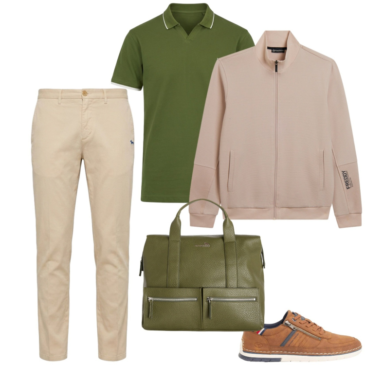 Outfit uomo - Impegni di lavoro. per Ufficio. Abbinamento con sneakers, borse sportive, pantaloni chino, polo, felpe.