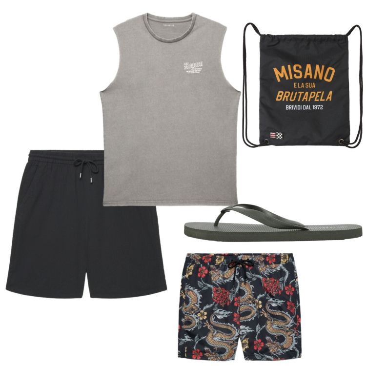 Outfit uomo - Oggi mare. per Mare. Abbinamento con borse sportive, sandali, costumi, canottiere, shorts.