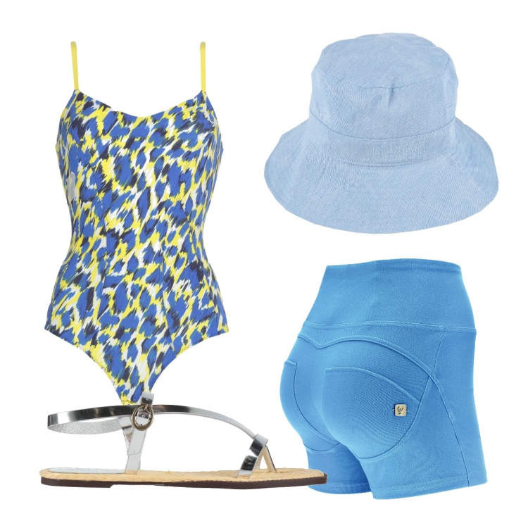 Outfit donna - In cortile con il mio amore. Stile Trendy per Tutti i giorni. Abbinamento con ciabatte, body, cappelli, shorts.