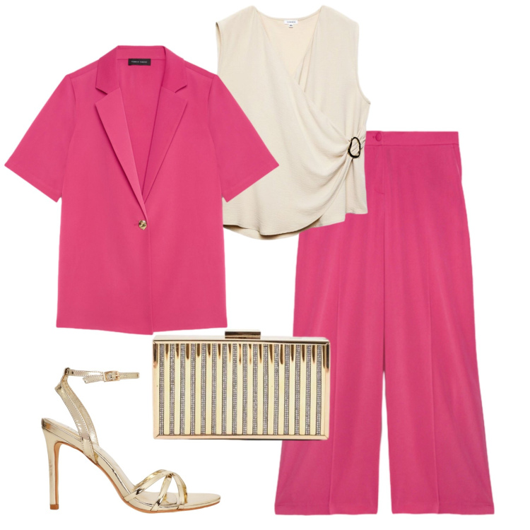 Outfit donna - Evento fucsia e oro. Stile Chic per Serata fuori. Abbinamento con top, sandali col tacco, clutch, blazer, pantaloni a palazzo.