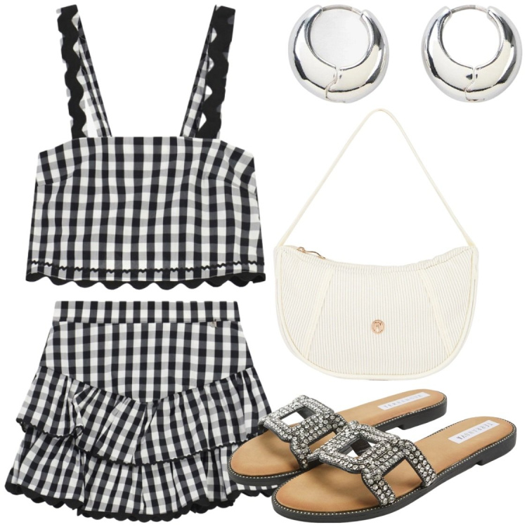 Outfit donna - Total look #2452137. Stile Chic per Serata fuori. Abbinamento con orecchini, minigonne, top, ciabatte, borse a mano.