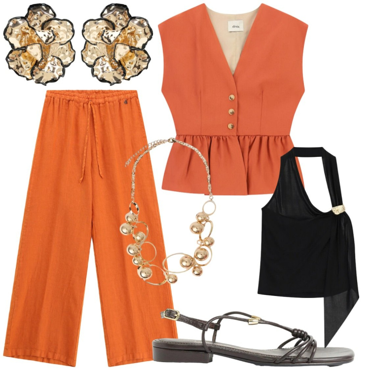 Outfit donna - Un pantalone due outfit. Stile Chic per Serata fuori. Abbinamento con sandali, top, gilet, orecchini, pantaloni, collane.