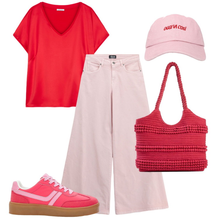 Outfit donna - Tempo libero a colori. Stile Casual per Tutti i giorni. Abbinamento con sneakers, shopping bag, cappelli con visiera, jeans, t-shirt.