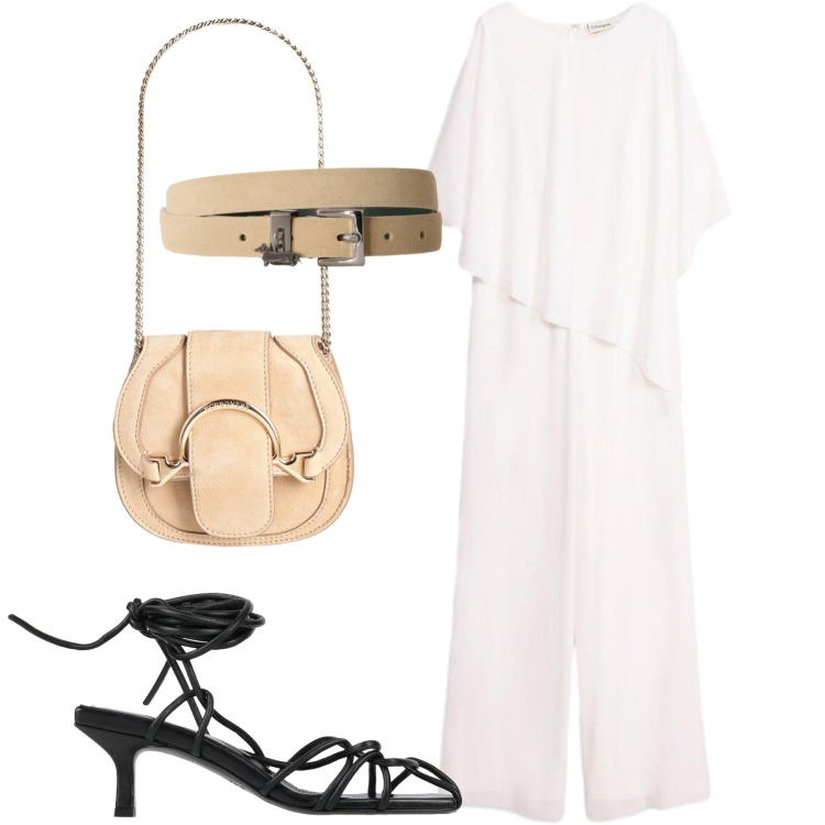Outfit donna - Mantella incorporata. Stile Chic per Cerimonia. Abbinamento con marsupi, sandali col tacco, tute, cinture.