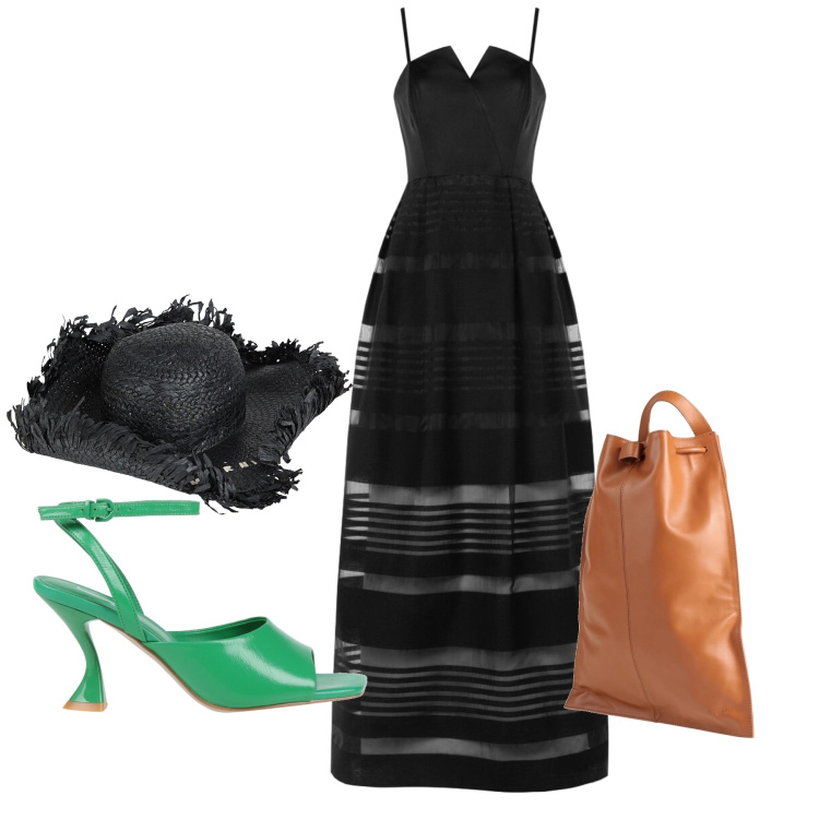 Outfit donna - Serata. Stile Chic per Serata fuori. Abbinamento con cappelli, sandali in pelle, zaini, vestiti lunghi.