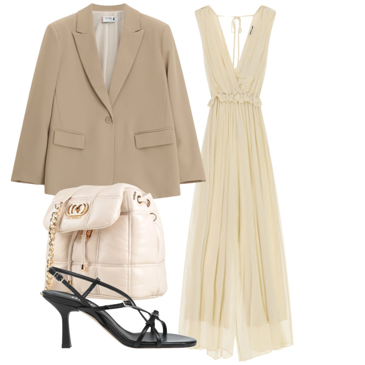 Outfit donna - Sabbia. Stile Chic per Cerimonia. Abbinamento con valigie, sandali in pelle, tute, blazer.