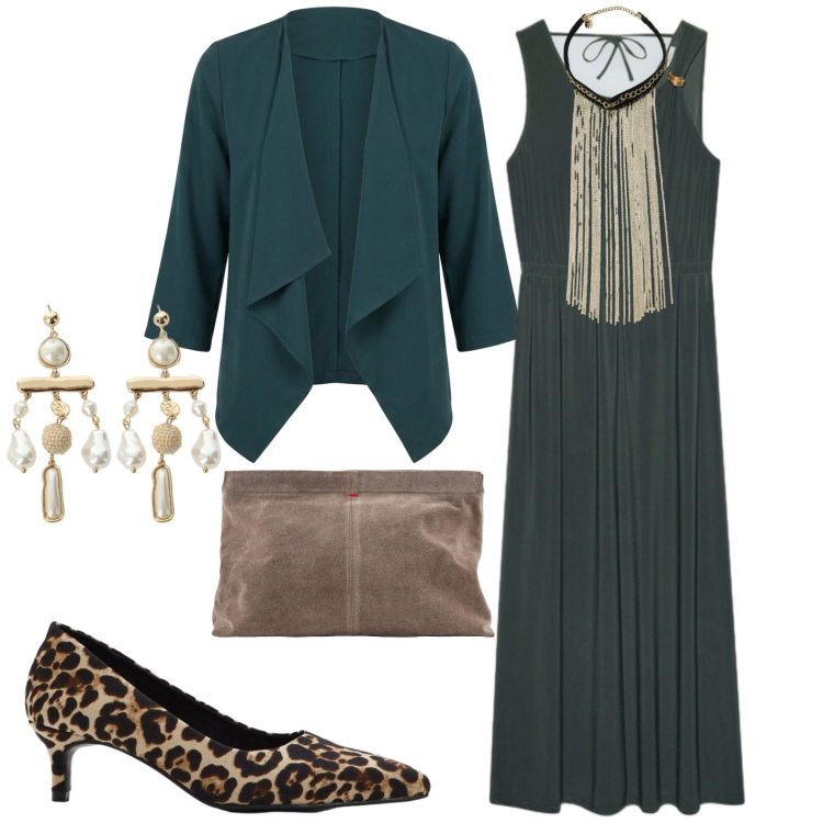 Outfit donna - Serata. Stile Chic per Serata fuori. Abbinamento con décolleté, collane, orecchini, pochette, vestiti lunghi, blazer.