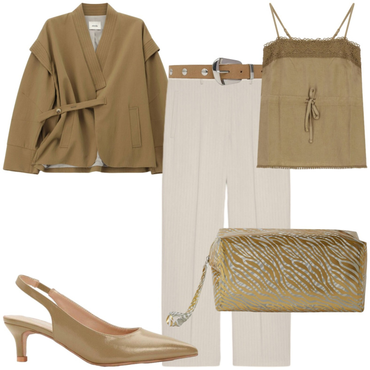 Outfit donna - Serata fresca. Stile Casual per Serata fuori. Abbinamento con décolleté, valigie, cinture, top, blazer, pantaloni.