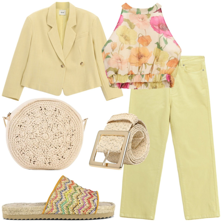 Outfit donna - A passeggio. Stile Casual chic per Tutti i giorni. Abbinamento con borse a tracolla, cinture, top, jeans dritti, blazer, sandali.