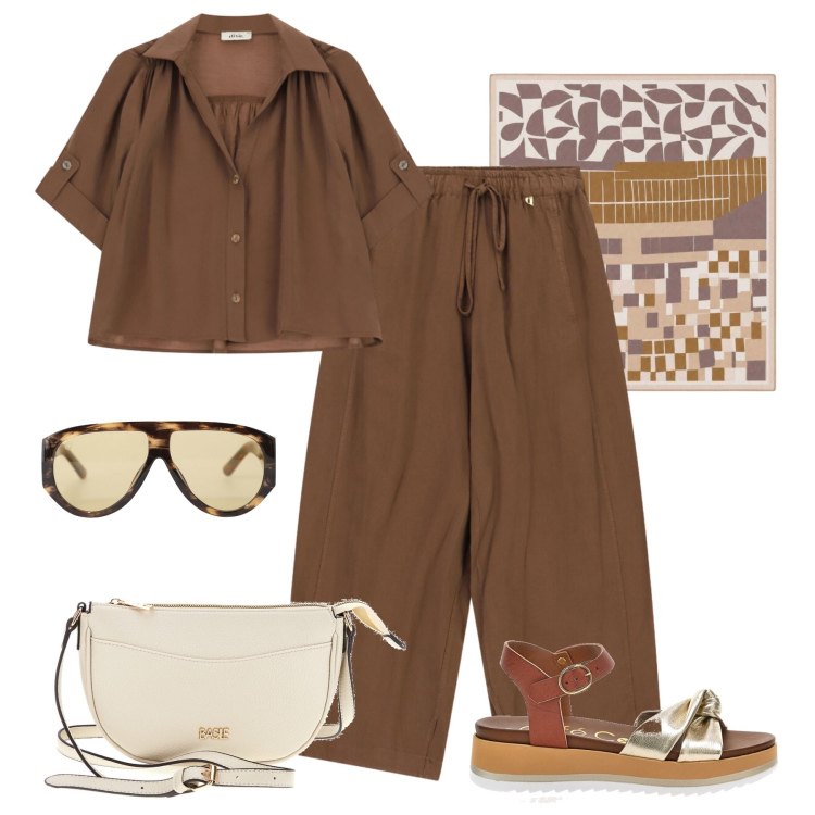 Outfit donna - Gita a Firenze. Stile Casual per Tutti i giorni. Abbinamento con foulard, occhiali da sole, camicie, pantaloni a palazzo, sandali, borse a tracolla.
