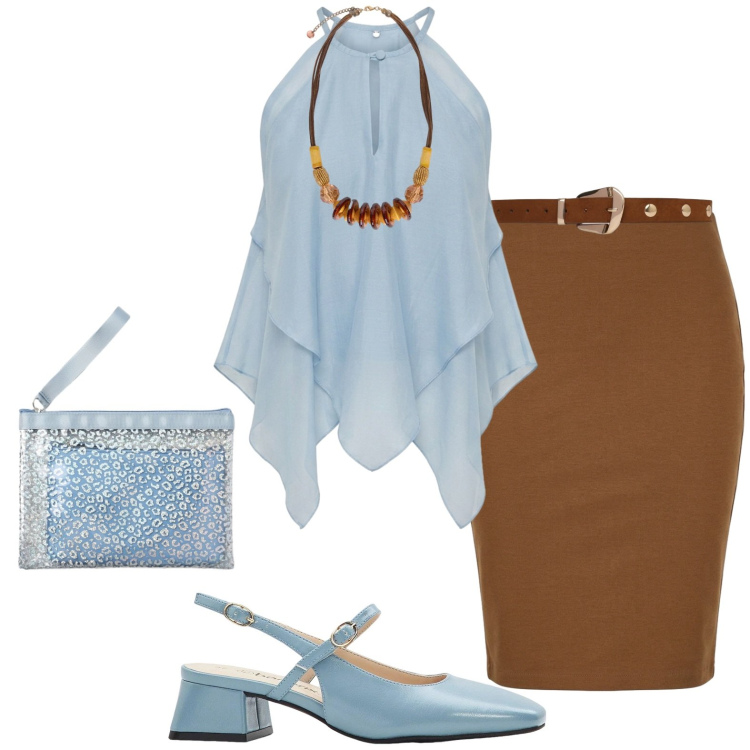 Outfit donna - Aperitivo. Stile Casual chic per Serata fuori. Abbinamento con décolleté, gonne longuette, pochette, cinture, canottiere, collane.