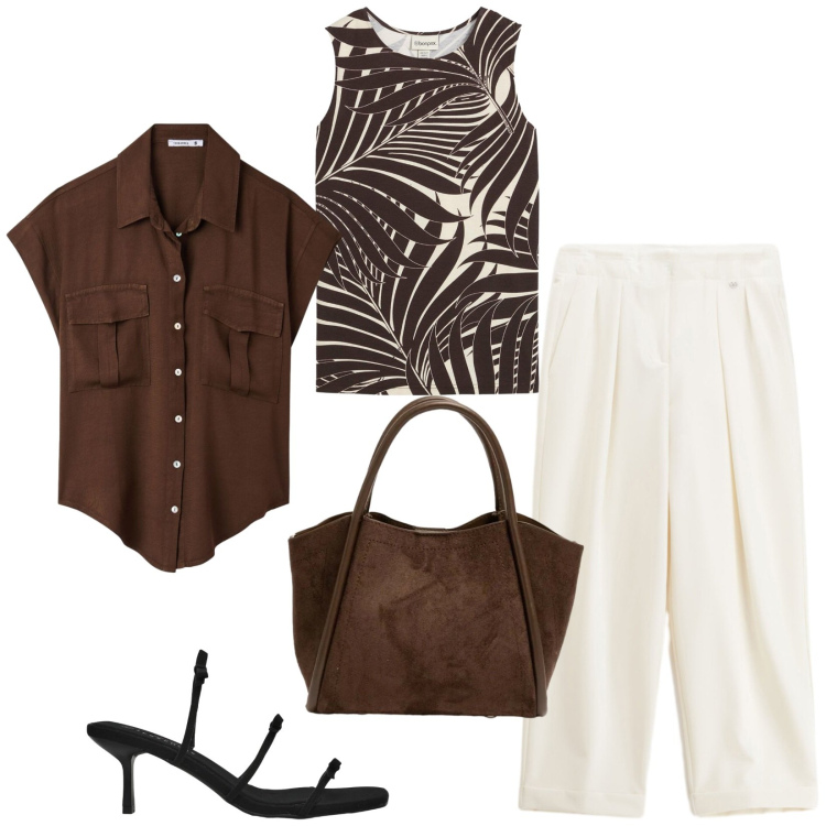 Outfit donna - Total look #2452158. Stile Casual chic per Tutti i giorni. Abbinamento con top, sandali col tacco, camicie a manica corta, pantaloni, borse a spalla.