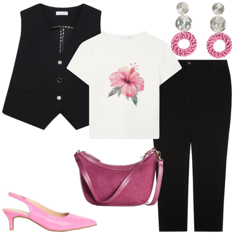 Outfit donna - Total look #2452161. Stile Casual chic per Serata fuori. Abbinamento con borse a tracolla, orecchini, décolleté, t-shirt, gilet, pantaloni.