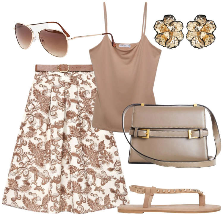 Outfit donna - Shopping. Stile Casual per Tutti i giorni. Abbinamento con occhiali da sole, borse a tracolla, orecchini, canottiere, gonne lunghe, ciabatte.