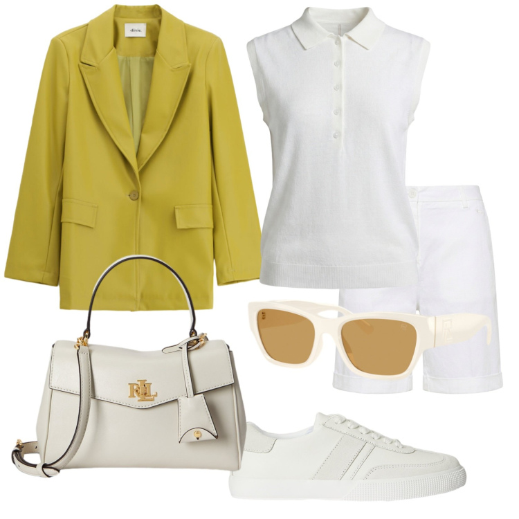 Outfit donna - Londra. Stile Casual chic per Tutti i giorni. Abbinamento con polo, bermuda, blazer, sneakers, occhiali da sole, borse a mano.