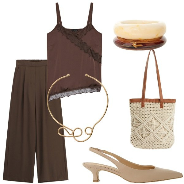 Outfit donna - A cena fuori. Stile Casual chic per Tutti i giorni. Abbinamento con shopping bag, collane, décolleté, pantaloni a palazzo, braccialetti, top.