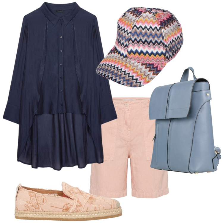 Outfit donna - Aperitivo da Marino. Stile Casual chic per Tutti i giorni. Abbinamento con zaini, espadrillas, cappelli con visiera, bermuda, camicie.